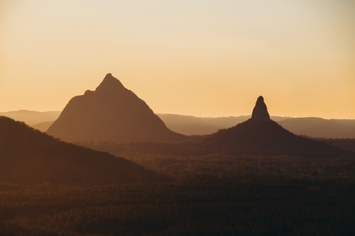 Sunset over the Glasshouse Mountains - Australian Stock Image