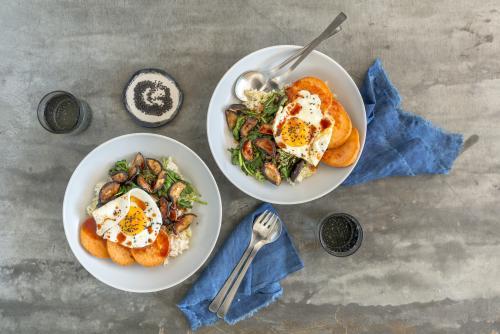 Sweet potato and rice dish seen from above - Australian Stock Image