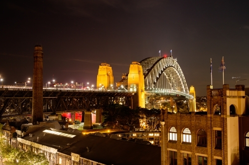 Sydney Harbour Bridge at night from The Rocks - Australian Stock Image