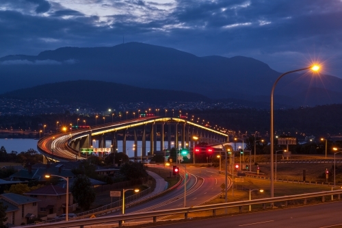 Tasman Bridge - Hobart - Tasmania illuminated at night - Australian Stock Image