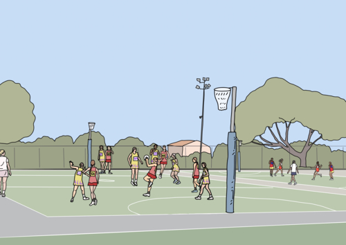 Teenage girls playing netball game on court on weekend - Australian Stock Image
