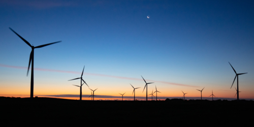 The Bald Hills Wind Farm near Walkerville at dusk in the Bass Coast region of Victoria, Australia - Australian Stock Image