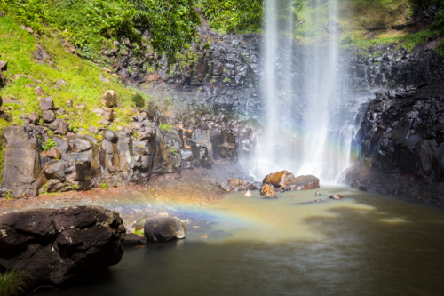 The majestic and iconic Purling Brook Falls on a warm autumn day in Springbrook National Park - Australian Stock Image