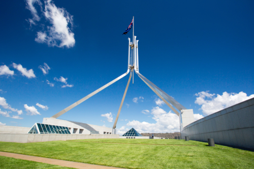 The outdoor architecture of the Parliament of Australia in Canberra, Australian Capital Territory, - Australian Stock Image