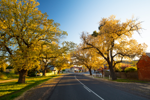 The quaint country town of Maldon in autumn at sunset in Victoria, Australia - Australian Stock Image