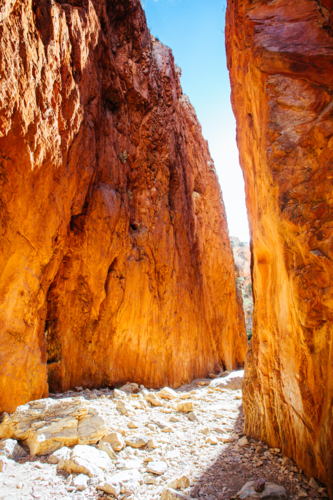 The Standley Chasm and its tall rock formations in MacDonnell Ranges National Park NT - Australian Stock Image