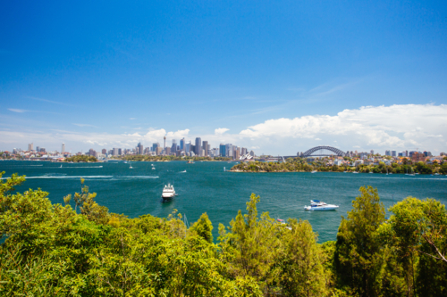 The Sydney skyline seen from Taronga Zoo on a clear summer's day in Sydney, Australia - Australian Stock Image