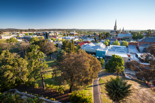 The view from the Lookout Tower in Rosalind Park over Bendigo on a clear Spring evening - Australian Stock Image