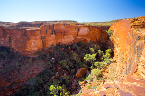 The view into a gorge from a cliff edge at Kings Canyon in Northern Territory, Australia - Australian Stock Image