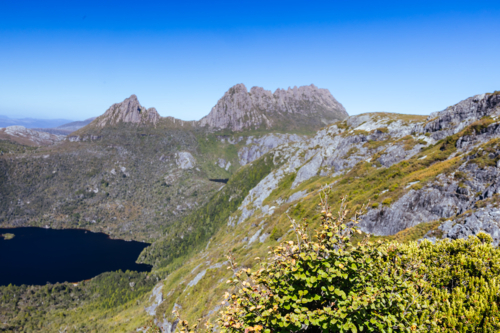 The view of mountain landscape from Marions Lookout over Dove Lake towards Cradle Mountain - Australian Stock Image