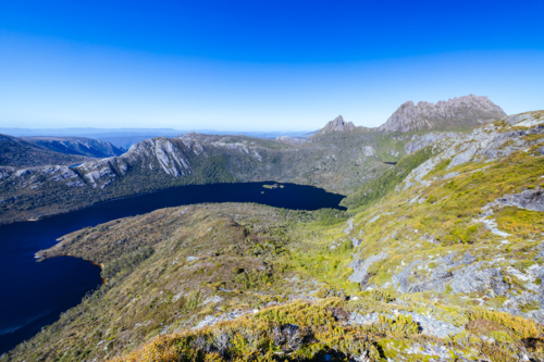 The view of mountain landscape from Marions Lookout over Dove Lake towards Hansons Peak - Australian Stock Image