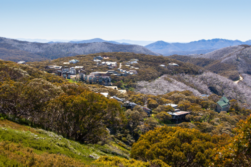 The view towards Mt Buller village on a summer's day in the Victoria, Australia - Australian Stock Image