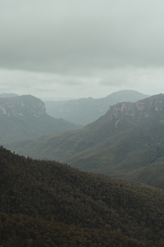 The views from Govetts Leap lookout on a cloudy day - Australian Stock Image