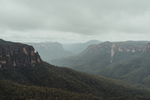 The views from Govetts Leap lookout on a cloudy day - Australian Stock Image