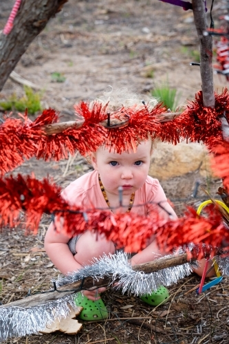 Toddler decorating bush Christmas tree with tinsel in rural setting - Australian Stock Image