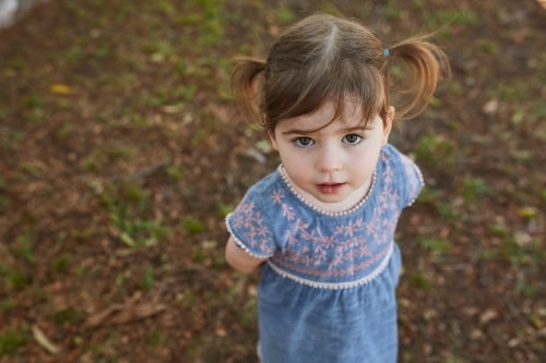 Toddler with pigtails standing outdoors looking up - Australian Stock Image