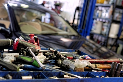 Tools at a mechanic's workshop for luxury cars on the Gold Coast - Australian Stock Image