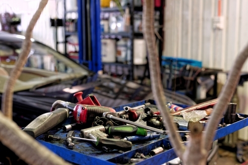 Tools at a mechanic's workshop for luxury cars on the Gold Coast - Australian Stock Image