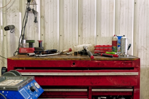 Tools storage at a mechanic's workshop on the Gold Coast - Australian Stock Image