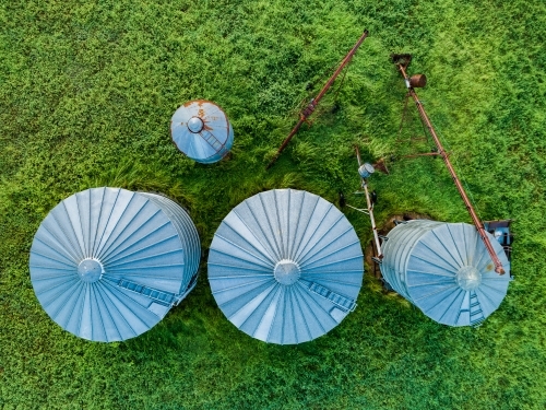 Top down of three grain silos on family farm - Australian Stock Image