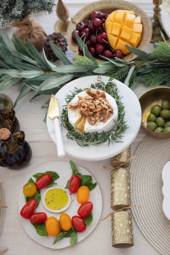Top-down shot of table prepared for Christmas meal - Australian Stock Image