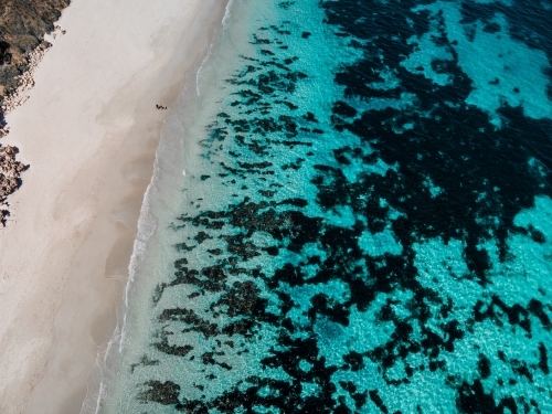 top shot of a white sand beach with bushes and seaweeds on a sunny day - Australian Stock Image