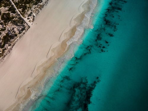 top shot of Summers in Perth with white sand, green grass and ocean water - Australian Stock Image