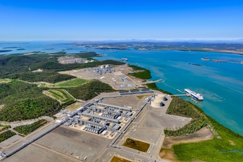 Top view of liquified natural gas plants on Curtis Island, Queensland - Australian Stock Image