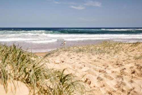 Track to beach with surfer in background - Australian Stock Image