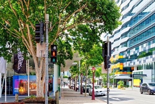 Traffic lights for pedestrians with cars driving or standing in the city from the side of the road - Australian Stock Image