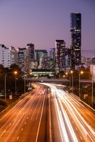 Traffic Streaks and Brisbane City at Sunset - Australian Stock Image