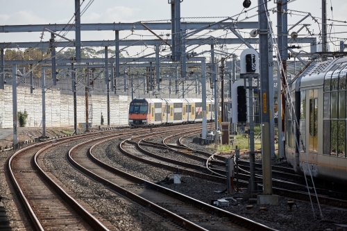 Trains on network of railway tracks - Australian Stock Image