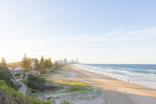 Tranquil beach afternoon with view of the Gold Coast city skyline - Australian Stock Image