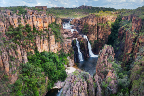 Twin Falls and surrounding rugged Arnhem Land Escarpment - Australian Stock Image
