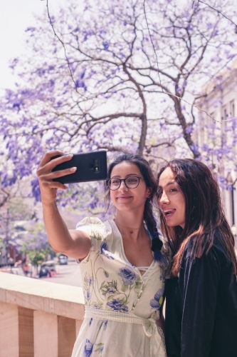 two friends taking a selfie in front of jacarandas in bloom - Australian Stock Image