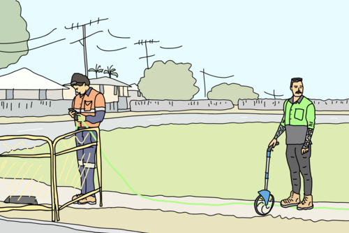 Two male workers wearing hi-vis with trundle wheel and cable on footpath - Australian Stock Image