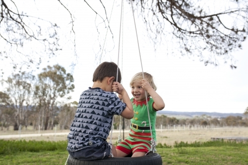 Two young boys sitting on tyre swing in country back yard