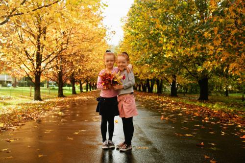 Two young girls holding autumn leaves on a tree lined street. - Australian Stock Image