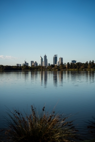 vertical shot of an ocean on a sunny day with buildings reflected by the water and grass in front - Australian Stock Image