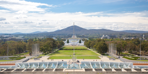 view from and architecture of the Parliament of Australia in Canberra, Australian Capital Territory - Australian Stock Image