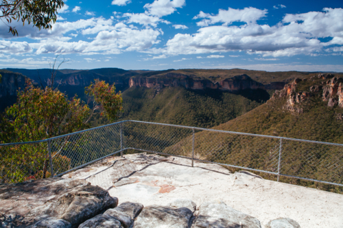 View from Govetts leap Lookout and walk in the Blue Mountains, New South Wales, Australia - Australian Stock Image