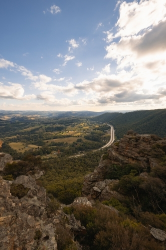 View from Hassans Walls lookout with view of Great Western Highway in the valley below - Australian Stock Image