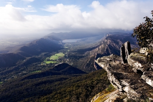 View from mountain lookout over valley and town - Australian Stock Image