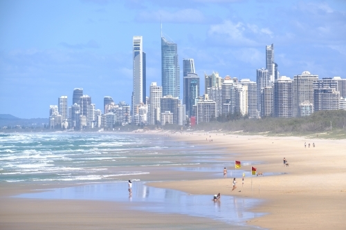 View from The Spit dog-friendly beach looking towards Surfers Paradise, Gold Coast - Australian Stock Image