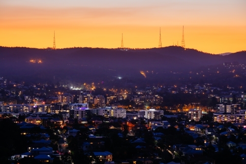 View looking west towards Mt Coot-tha and the television towers over the western suburbs of Brisbane - Australian Stock Image