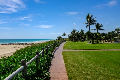 View of Cable Beach and park beneath blue sky