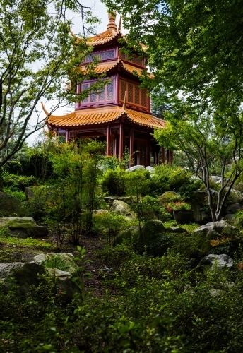 view of pavilion between trees - Australian Stock Image