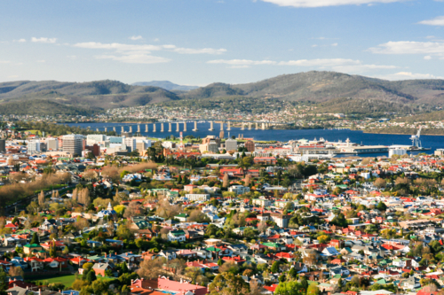 View over Hobart towards the Derwent River in Hobart, Tasmania, Australia - Australian Stock Image