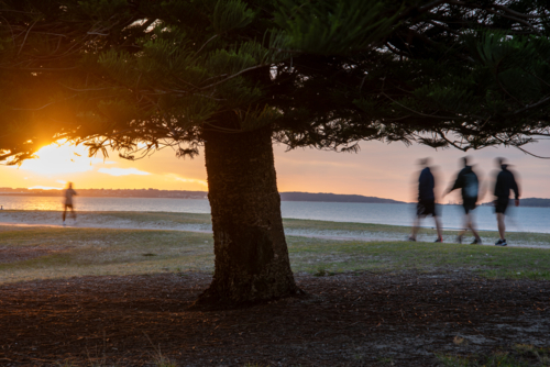 Walkers at sunrise by Botany Bay - Australian Stock Image