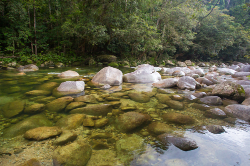 Water of the Mossman River flows over ancient rocks and boulders in Mossman Gorge, Queensland - Australian Stock Image